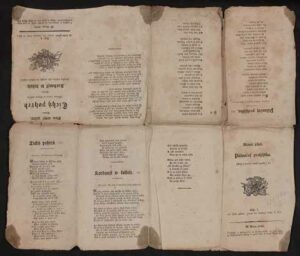 One side of an uncut sheet, printed on both sides, in octavo size (eight leaves, sixteen pages), showing several broadside ballads awaiting cutting, gathering, and sewing.